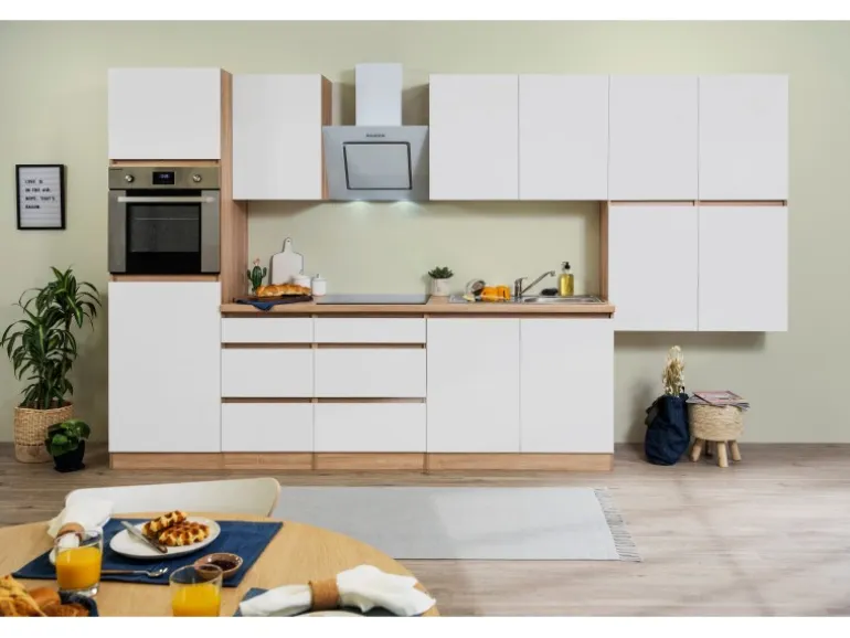 Respekta Küchenzeile GLRP370HESWM Grifflos 370 cm Weiß matt-Sonoma Eiche