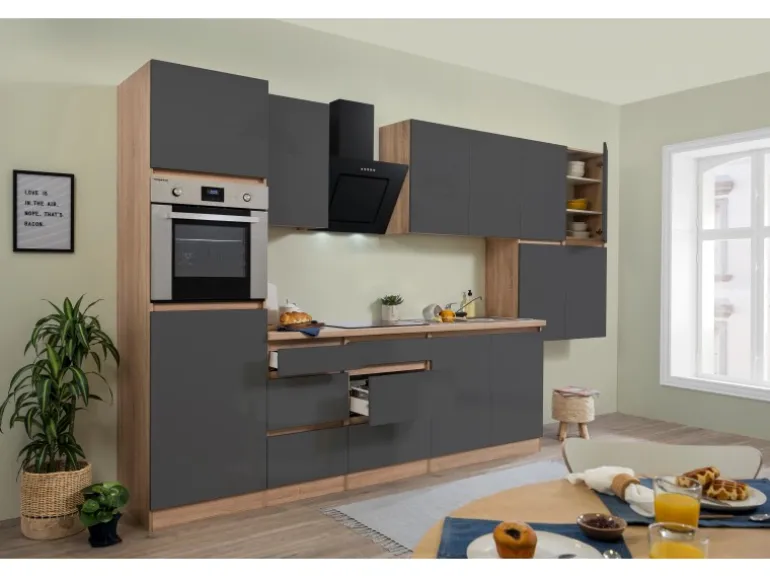 Respekta Küchenzeile GLRP370HESG Grifflos 370 cm Grau Hochglanz-Sonoma Eiche