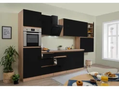 Respekta Küchenzeile GLRP370HESS Grifflos 370 cm Schwarz Hochglanz-Sonoma Eiche