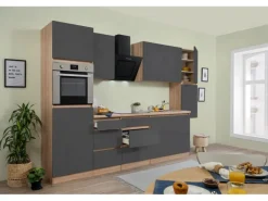 Respekta Küchenzeile GLRP320HESG Grifflos 320 cm Grau Hochglanz-Sonoma Eiche