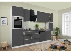Respekta Küchenzeile GLRP330HWG Grifflos 330 cm Grau Hochglanz-Weiß