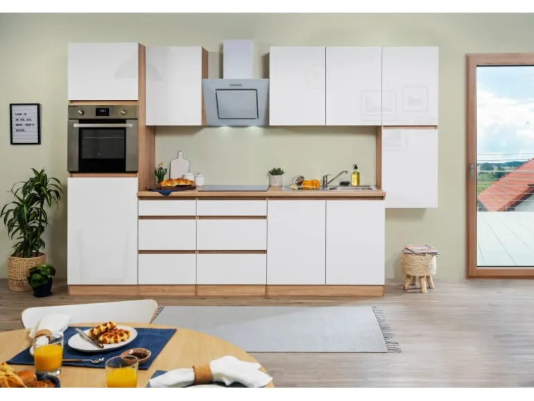Respekta Küchenzeile GLRP320HESW Grifflos 320 cm Weiß Hochglanz-Sonoma Eiche