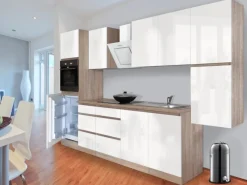 Respekta Küchenzeile GLRP320HESW Grifflos 320 cm Weiß Hochglanz-Sonoma Eiche