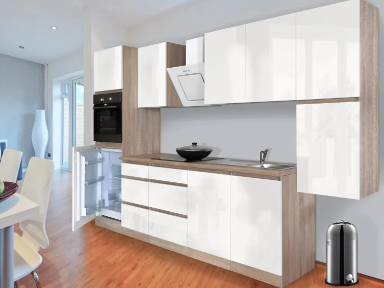 Respekta Küchenzeile GLRP320HESW Grifflos 320 cm Weiß Hochglanz-Sonoma Eiche