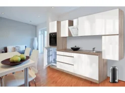 Respekta Küchenzeile GLRP320HESW Grifflos 320 cm Weiß Hochglanz-Sonoma Eiche