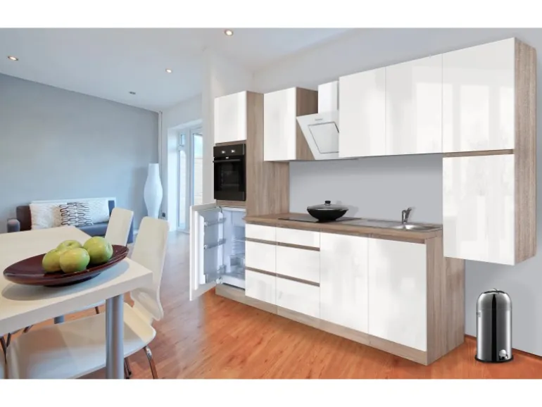 Respekta Küchenzeile GLRP320HESW Grifflos 320 cm Weiß Hochglanz-Sonoma Eiche