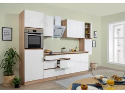 Respekta Küchenzeile GLRP320HESW Grifflos 320 cm Weiß Hochglanz-Sonoma Eiche