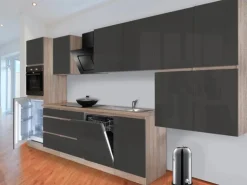 Respekta Küchenzeile GLRP380HESG Grifflos 380 cm Grau Hochglanz-Sonoma Eiche