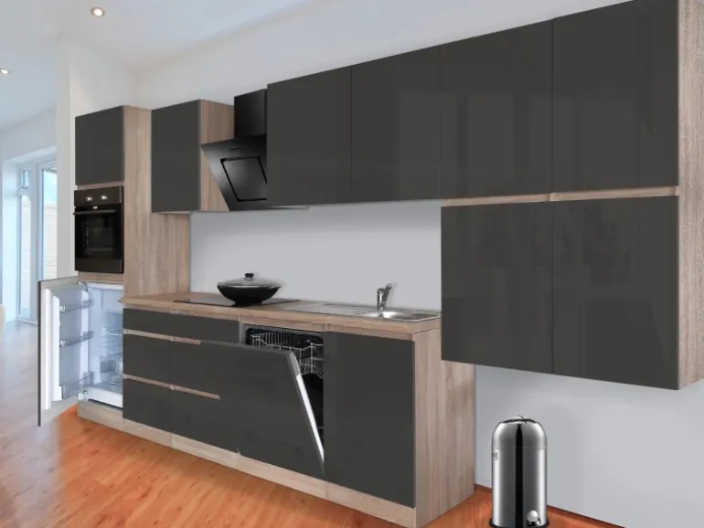 Respekta Küchenzeile GLRP380HESG Grifflos 380 cm Grau Hochglanz-Sonoma Eiche