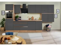 Respekta Küchenzeile GLRP380HESG Grifflos 380 cm Grau Hochglanz-Sonoma Eiche