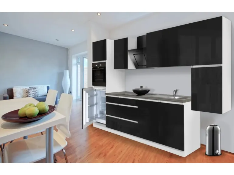 Respekta Küchenzeile GLRP320HWS Grifflos 320 cm Schwarz Hochglanz-Weiß