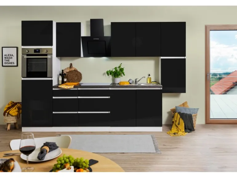 Respekta Küchenzeile GLRP320HWS Grifflos 320 cm Schwarz Hochglanz-Weiß