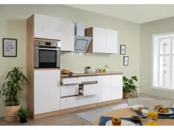 Respekta Küchenzeile GLRP270HESW Grifflos 270 cm Weiß Hochglanz-Sonoma Eiche