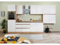 Respekta Küchenzeile GLRP370HESW Grifflos 370 cm Weiß Hochglanz-Sonoma Eiche