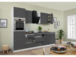 Respekta Küchenzeile GLRP280HWG 280 cm Grau Hochglanz Granit-Optik Grifflos