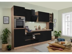 Respekta Küchenzeile GLRP330HESS Grifflos 330 cm Schwarz Hochglanz-Sonoma Eiche