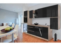 Respekta Küchenzeile GLRP330HESS Grifflos 330 cm Schwarz Hochglanz-Sonoma Eiche