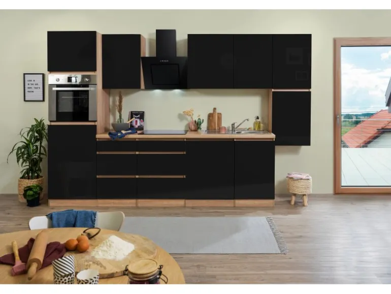 Respekta Küchenzeile GLRP330HESS Grifflos 330 cm Schwarz Hochglanz-Sonoma Eiche