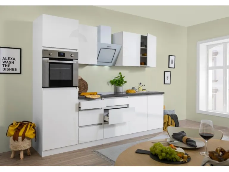 Respekta Küchenzeile GLRP270HWW Grifflos 270 cm Weiß Hochglanz