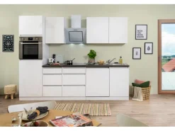 Respekta Küchenzeile GLRP280HWW 280 cm Weiß Hochglanz Granit-Optik Grifflos