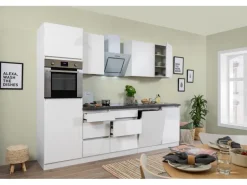 Respekta Küchenzeile GLRP280HWW 280 cm Weiß Hochglanz Granit-Optik Grifflos