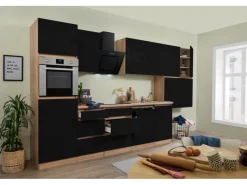 Respekta Küchenzeile GLRP380HESS Grifflos 380 cm Schwarz Hochglanz-Sonoma Eiche