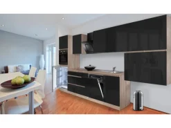 Respekta Küchenzeile GLRP380HESS Grifflos 380 cm Schwarz Hochglanz-Sonoma Eiche