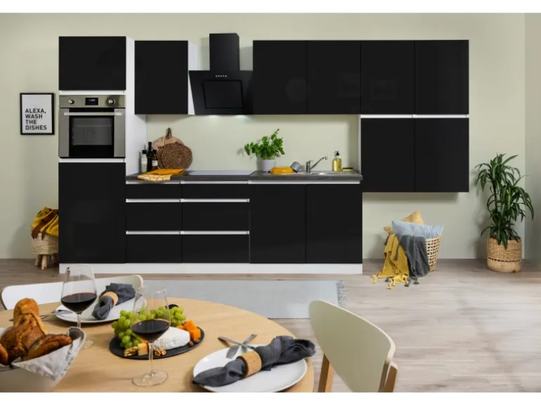 Respekta Küchenzeile GLRP370HWS Grifflos 370 cm Schwarz Hochglanz-Weiß