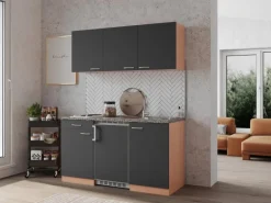 Respekta Küchenzeile KB150BG 150 cm Grau-Buche Nachbildung