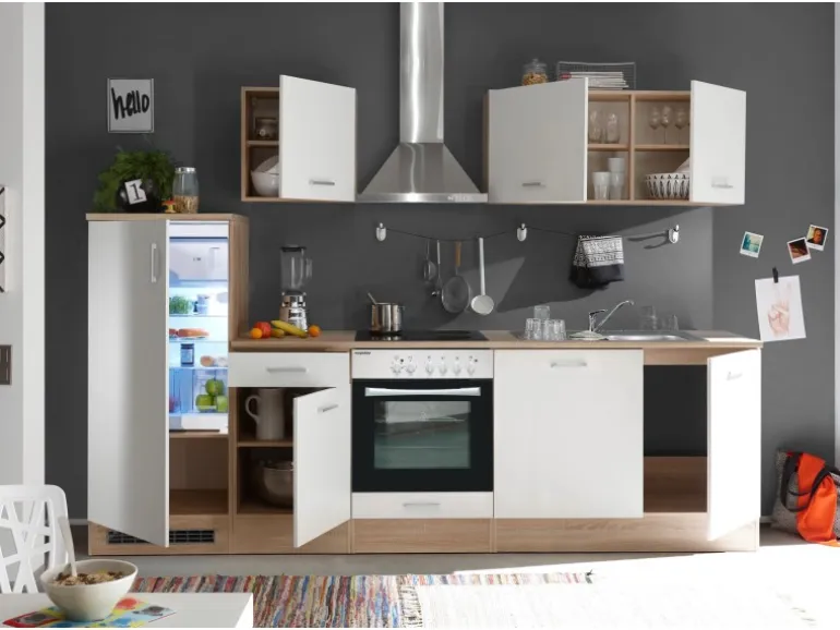 Respekta Küchenzeile KB280ENWPC 280 cm Weiß Eiche-Natura Nachbildung