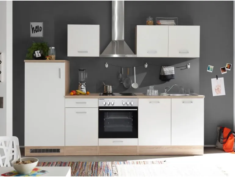 Respekta Küchenzeile KB270ENWP 270 cm Weiß-Eiche Natura Nachbildung Glänzend