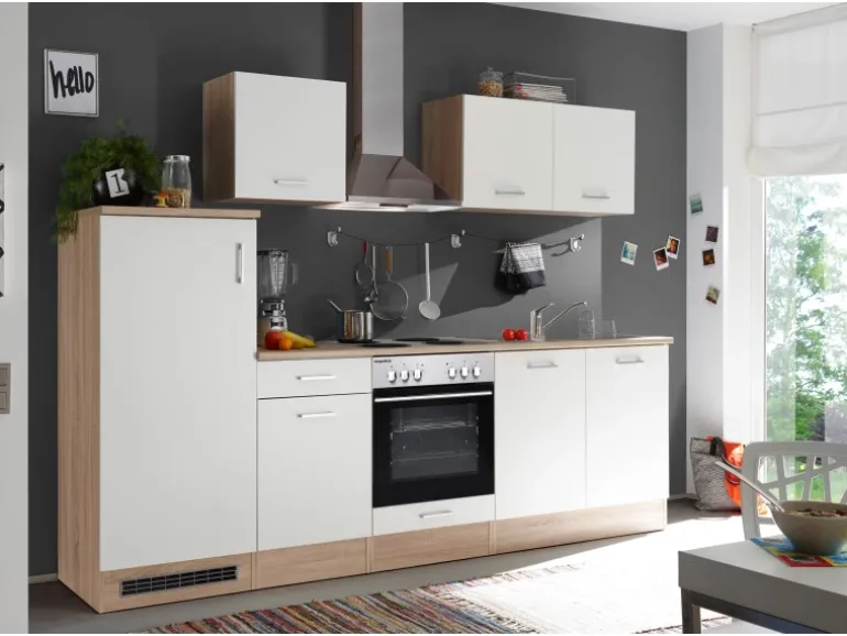 Respekta Küchenzeile KB270ENWP 270 cm Weiß-Eiche Natura Nachbildung Glänzend