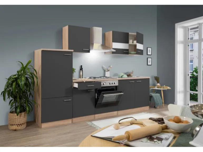 Respekta Küchenzeile KB270ESG 270 cm Grau-Eiche Sägerau Nachbildung