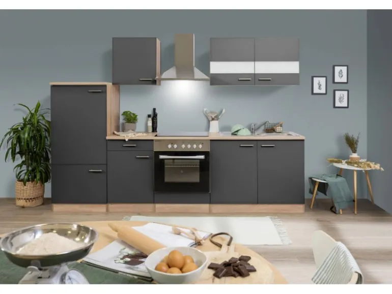 Respekta Küchenzeile KB270ESGC 270 cm Grau-Eiche Sägerau Nachbildung Glänzend