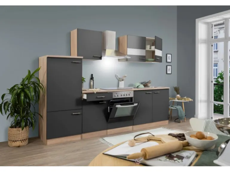 Respekta Küchenzeile KB270ESGC 270 cm Grau-Eiche Sägerau Nachbildung Glänzend