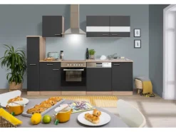 Respekta Küchenzeile KB250ESGC 250 cm Grau-Eiche Glänzend