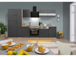 Respekta Küchenzeile KB310ESGCGKE 310 cm Grau-Eiche Sägerau Nachbildung