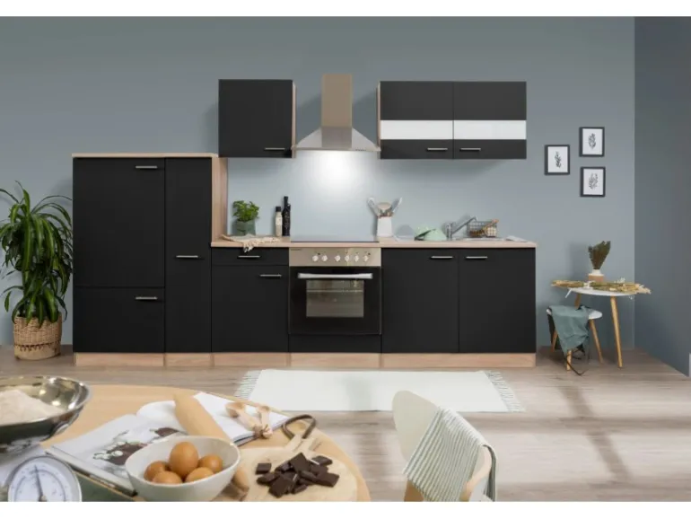 Respekta Küchenzeile KB300ESSC 300 cm Schwarz-Eiche Sägerau Nachbildung