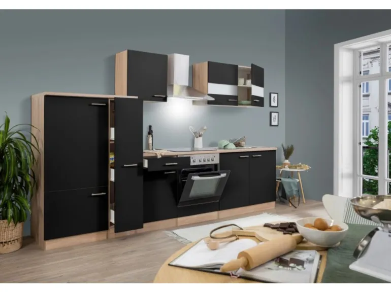 Respekta Küchenzeile KB300ESSC 300 cm Schwarz-Eiche Sägerau Nachbildung