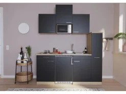 Respekta Küchenzeile KB180ESSMI 180 cm Schwarz-Eiche Sägeräu Nachbildung