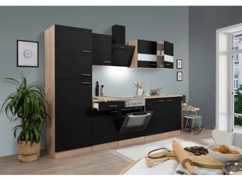 Respekta Küchenzeile KB270ESSCGKE 270 cm Schwarz-Eiche Sägerau Nachbildung