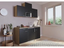 Respekta Küchenzeile KB150ESSMIC 150 cm Schwarz-Eiche Sägeräu Nachbildung