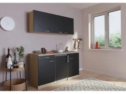 Respekta Küchenzeile KB150ESS  150 cm Schwarz-Eiche Sägerau