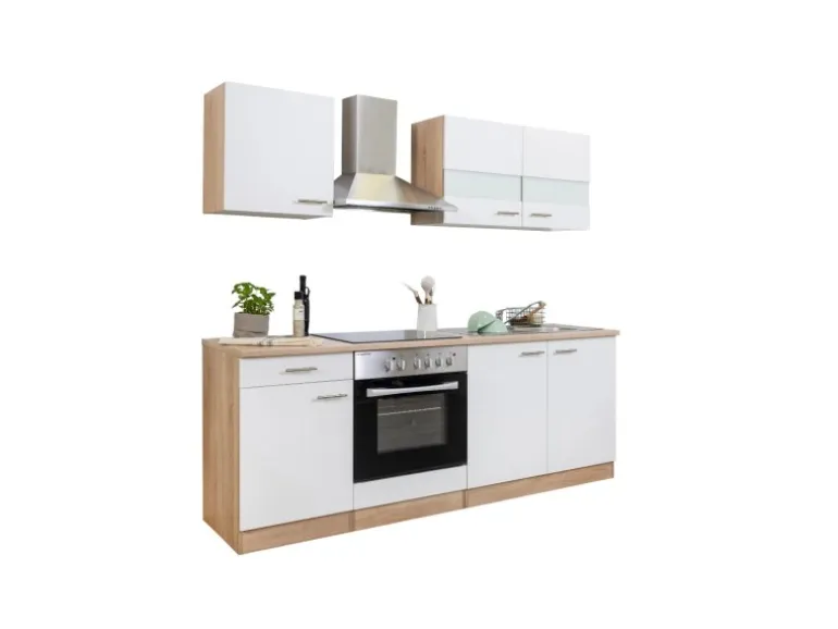 Respekta Küchenzeile KB210ESWC 210 cm Weiß-Eiche Sägerau Nachbildung