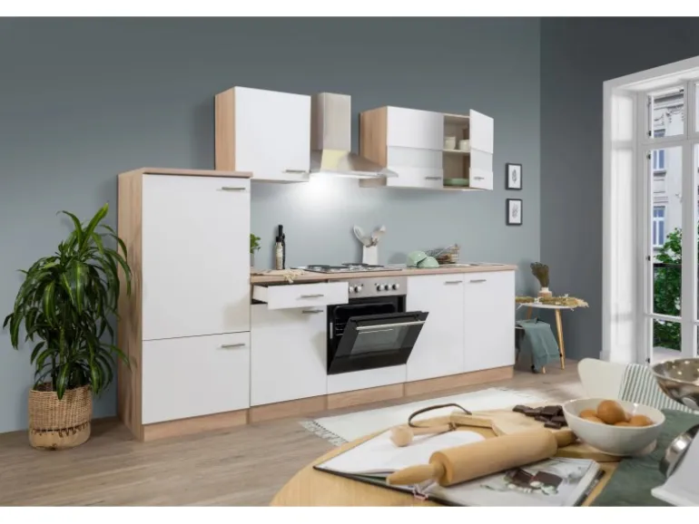 Respekta Küchenzeile KB270ESW 270 cm Weiß-Eiche Sägerau Nachbildung