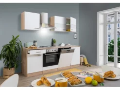 Respekta Küchenzeile KB220ESW 220 cm Weiß-Eiche Sägerau Nachbildung