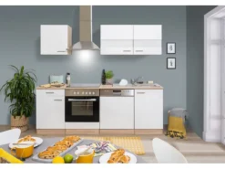 Respekta Küchenzeile KB220ESWC 220 cm Weiß-Eiche Sägerau Nachbildung Glänzend