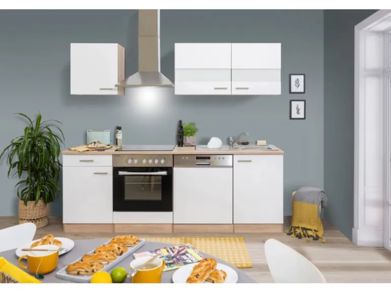 Respekta Küchenzeile KB220ESWC 220 cm Weiß-Eiche Sägerau Nachbildung Glänzend