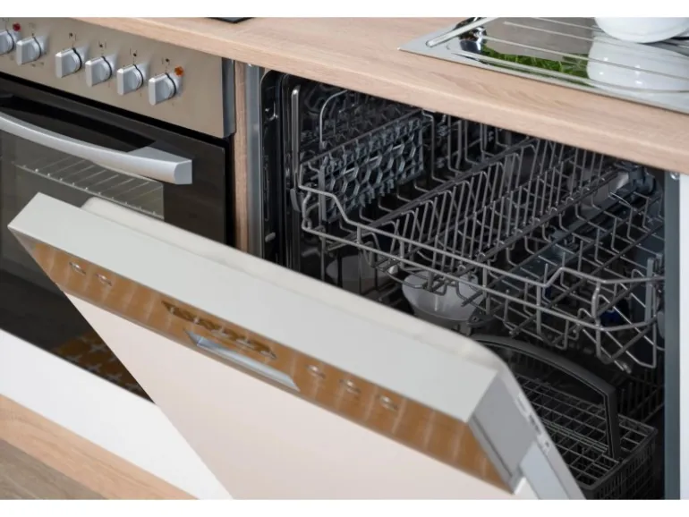 Respekta Küchenzeile KB220ESWC 220 cm Weiß-Eiche Sägerau Nachbildung Glänzend