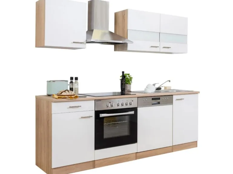 Respekta Küchenzeile KB220ESWC 220 cm Weiß-Eiche Sägerau Nachbildung Glänzend